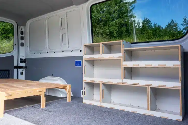 Small stacking shelf cubby for van, car, tiny home, RV camping organization and storage in a sprinter