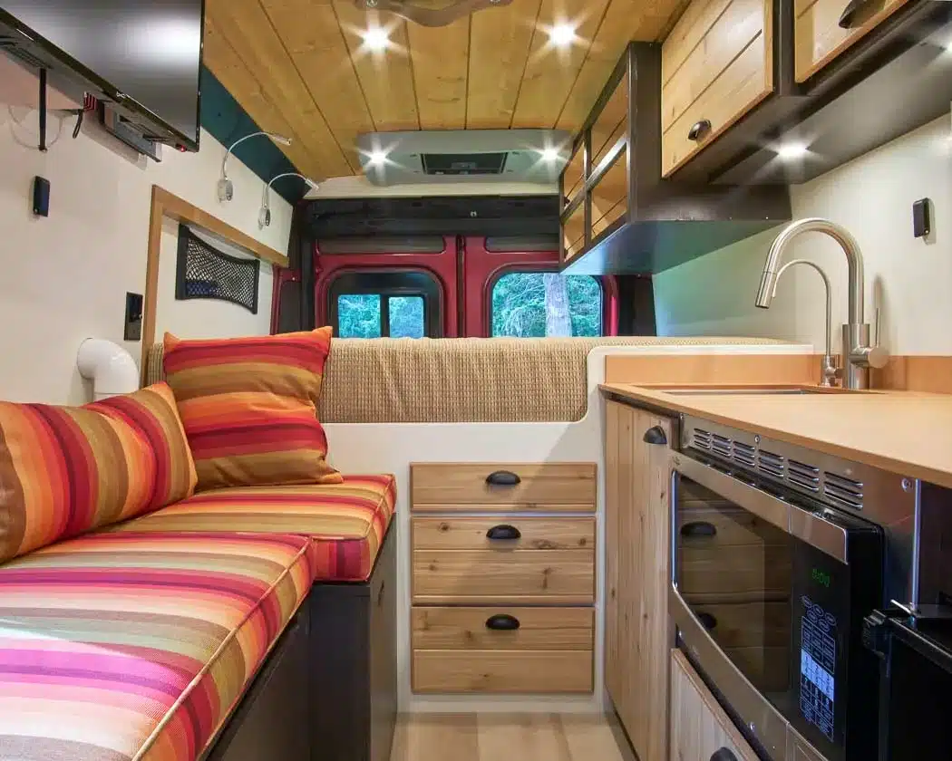 Beautiful interior of a professionally converted RAM ProMaster van from the team of Camp N Car located in Port Townsend on Washington's Olympic Peninsula