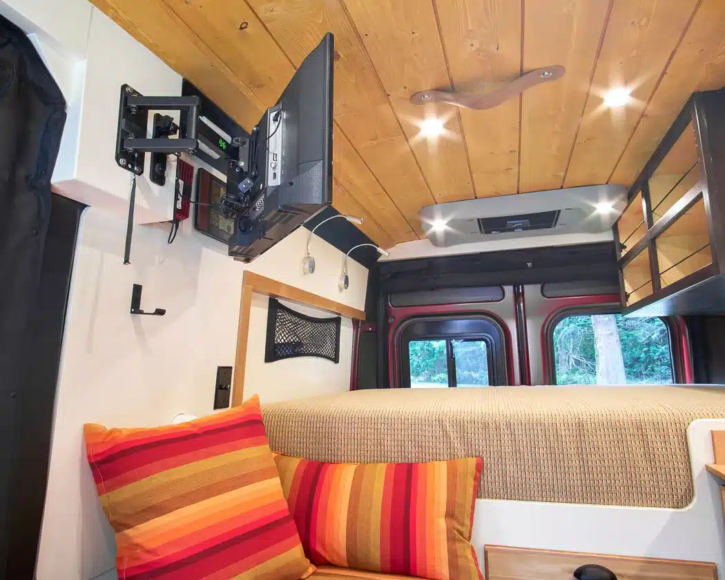 Beautiful interior of a professionally converted off-grid ready RAM ProMaster van from the team of Camp N Car located in Port Townsend on Washington's Olympic Peninsula van TV
