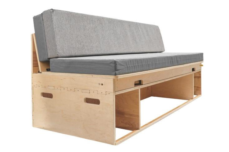 Frontier Futon modular transforming couch / bed for campervans, RVs and tiny homes created by Camp N Car in Port Townsend Washington in the USA.