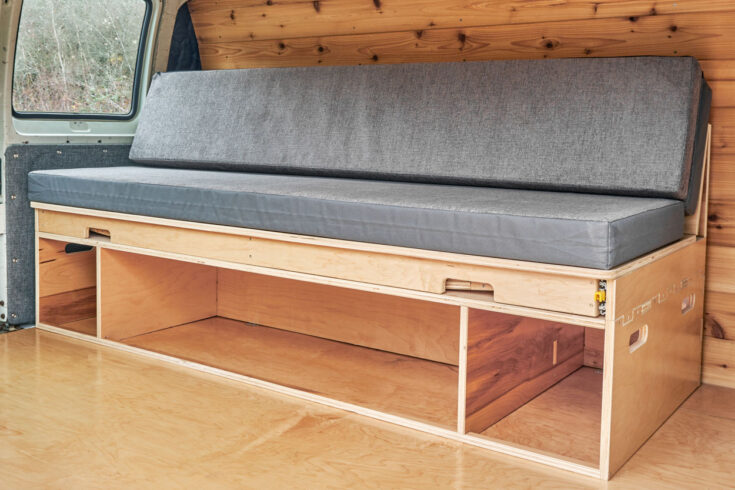 Frontier Futon modular transforming couch / bed for campervans, RVs and tiny homes created by Camp N Car in Port Townsend Washington in the USA.