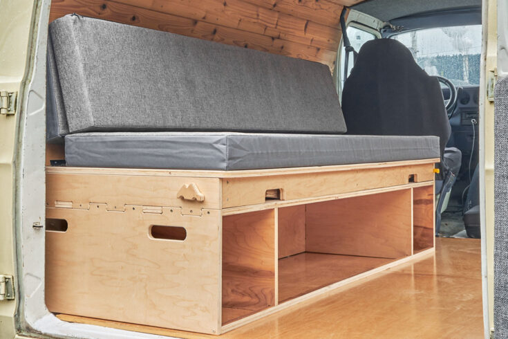 Frontier Futon modular transforming couch / bed for campervans, RVs and tiny homes created by Camp N Car in Port Townsend Washington in the USA.