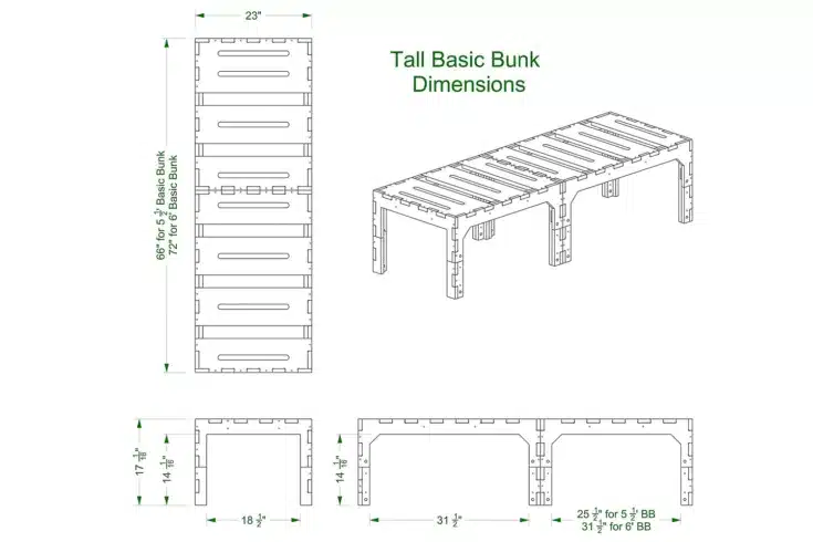 The exact dimensions of the Tall Basic Bunk elevated car and van camping platform.