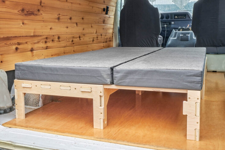 A perfectly fitted custom mattress for use with the Trunk Bunk modular expanding bed platform for cars and vans made by Camp N Car in Washington State in the Pacific Northwest of the United States of America.