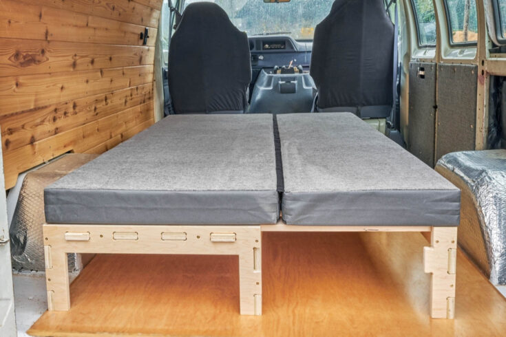 A perfectly fitted custom mattress for use with the Trunk Bunk modular expanding bed platform for cars and vans made by Camp N Car in Washington State in the Pacific Northwest of the United States of America.