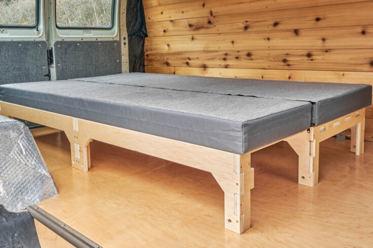 A perfectly fitted custom mattress for use with the Trunk Bunk modular expanding bed platform for cars and vans made by Camp N Car in Washington State in the Pacific Northwest of the United States of America.